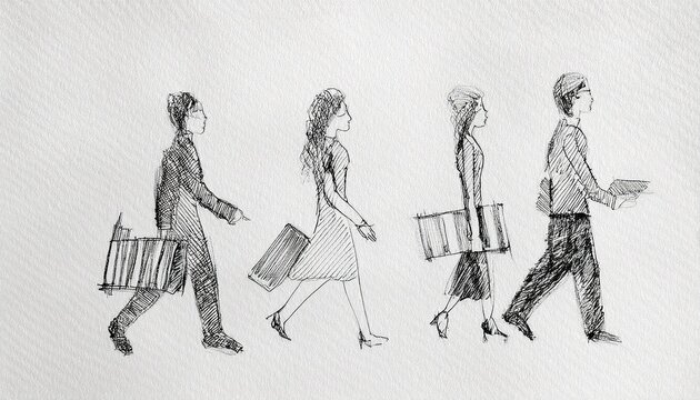 Imagen conmemorativa del D&iacute;a Mundial del Libro con varias personas caminando entre libros, de diferentes nacionalidades, libros con formas de edificios internacionales