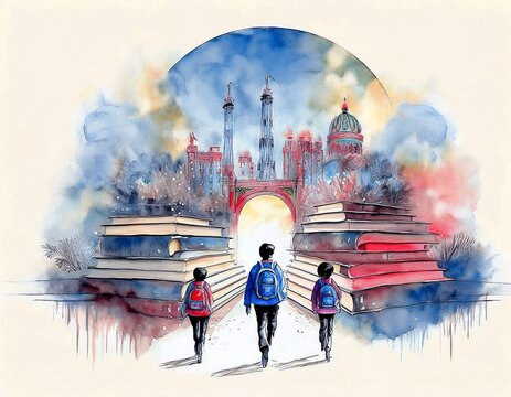 Imagen conmemorativa del D&iacute;a Mundial del Libro con varias personas caminando entre libros, de diferentes nacionalidades, libros con formas de edificios internacionales