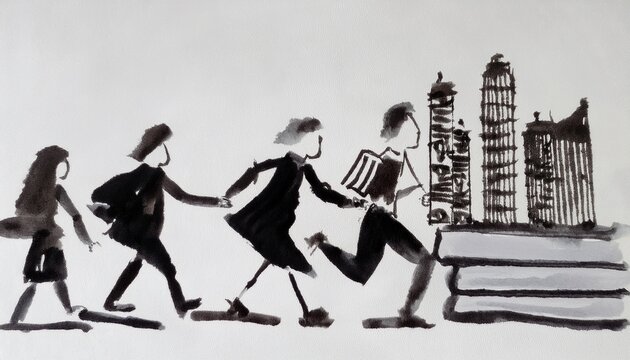 Imagen conmemorativa del D&iacute;a Mundial del Libro con varias personas caminando entre libros, de diferentes nacionalidades, libros con formas de edificios internacionales