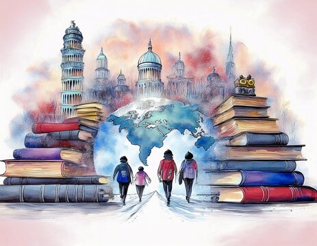 Imagen conmemorativa del D&iacute;a Mundial del Libro con varias personas caminando entre libros, de diferentes nacionalidades, libros con formas de edificios internacionales