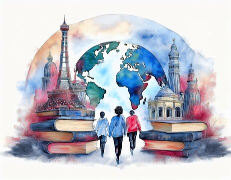 Imagen conmemorativa del D&iacute;a Mundial del Libro con varias personas caminando entre libros, de diferentes nacionalidades, libros con formas de edificios internacionales