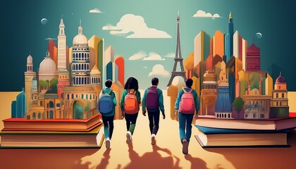 Imagen conmemorativa del Día Mundial del Libro con varias personas caminando entre libros, de diferentes nacionalidades, libros con formas de edificios internacionales