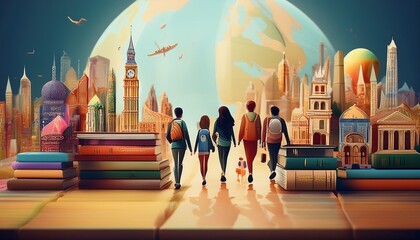 Imagen conmemorativa del Día Mundial del Libro con varias personas caminando entre libros, de diferentes nacionalidades, libros con formas de edificios internacionales