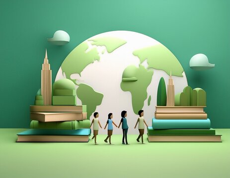 Imagen conmemorativa del D&iacute;a Mundial del Libro con varias personas caminando entre libros, de diferentes nacionalidades, libros con formas de edificios internacionales