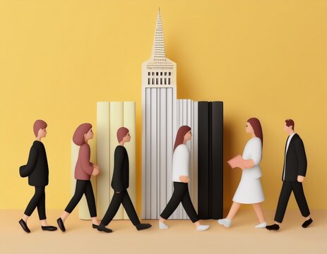 Imagen conmemorativa del D&iacute;a Mundial del Libro con varias personas caminando entre libros, de diferentes nacionalidades, libros con formas de edificios internacionales