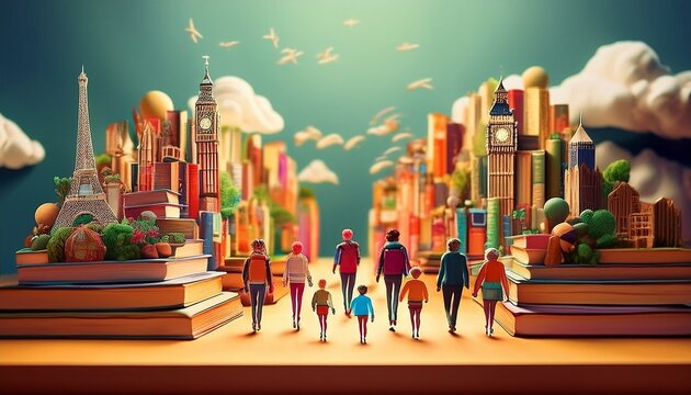 Imagen conmemorativa del D&iacute;a Mundial del Libro con varias personas caminando entre libros, de diferentes nacionalidades, libros con formas de edificios internacionales