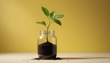A vibrant, studio shot features a small plant sprouting from a clear glass jar filled with dark soil, set against a solid yellow background
