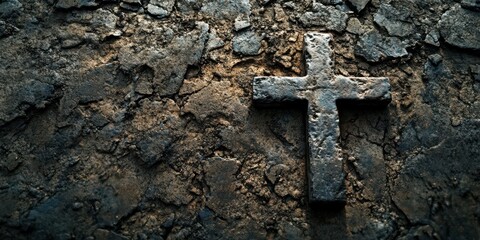 Cross embedded in cracked earth symbolizing resilience and faith in a harsh environment