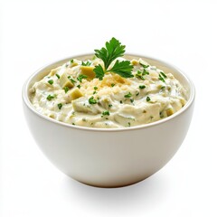 Bowl of creamy artichoke dip with chunks of tender artichoke heart and a sprinkle of cheese on top isolated on a white background 