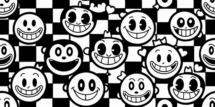 Hand-drawn doodle smiley face seamless pattern vector with black and white cartoon-style happy expressions in a fun background