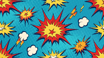 Comic book explosion seamless vector pattern with pop-art bursts, halftone dots, and dynamic energy effects. © Kavita