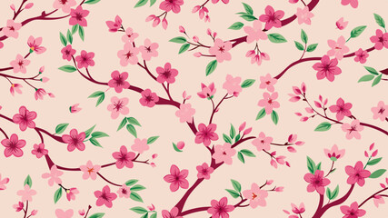 Vector cherry blossom seamless pattern with delicate sakura flowers and winding branches in a traditional Japanese style