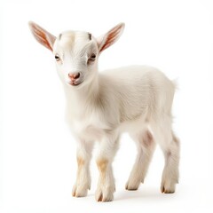 Playful baby goat with short soft fur and perked up ears standing curiously isolated on a white background 