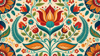 Intricate bohemian folk art floral seamless vector pattern with ornamental tulips, paisley leaves, and swirling vines in an ethnic embroidery style. © Kavita