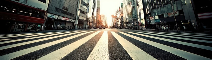 Obraz premium Urban crossing at sunrise, pedestrians, city buildings