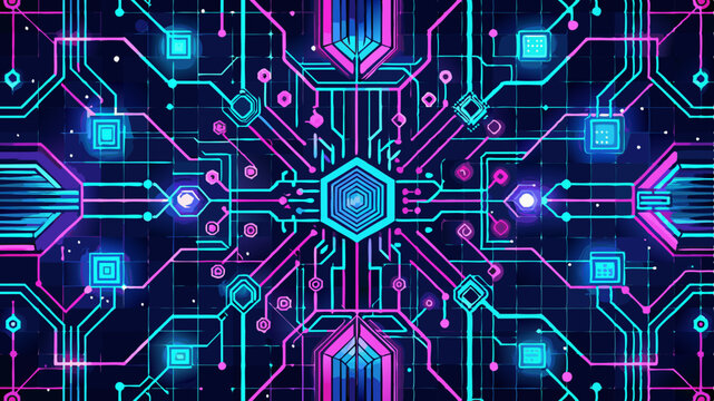 Neon futuristic circuit board seamless vector pattern with glowing digital wireframe shapes arranged in a sci-fi grid.