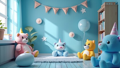 Teddy Bears with Party Hats in Bright Nursery, Birth Announcement Theme
