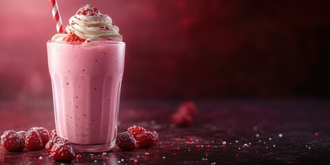 Delicious raspberry milkshake topped with whipped cream and red sprinkles served with a striped straw