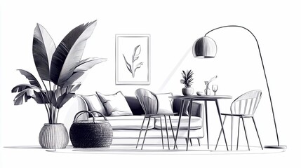 Elegant monochrome living space showcasing minimal decor and botanical elements