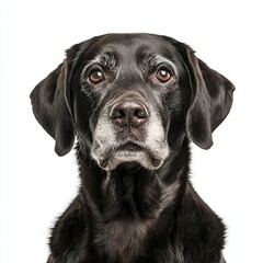 Fototapeta premium Senior Labrador retriever with a gentle face and a few gray hairs around its muzzle isolated on a white background 