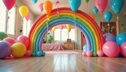 Colorful Balloon Rainbow Decoration in Bright Room, Birth Announcement Theme