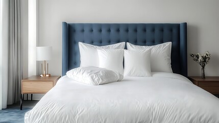 A comfortable hotel bedroom features a luxury bed with plush pillows and soft bedding