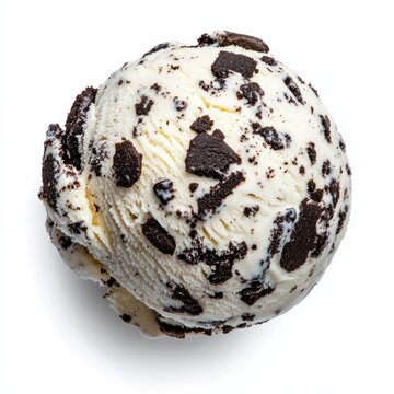 Classic cookies and cream ice cream scoop with crushed chocolate cookie pieces evenly mixed in isolated on a white background 