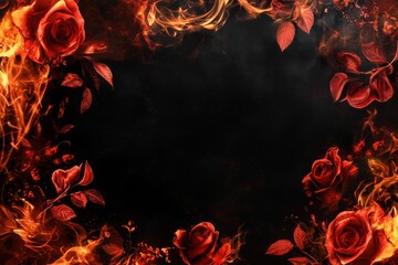 Fiery red roses framing a dark, dramatic background
