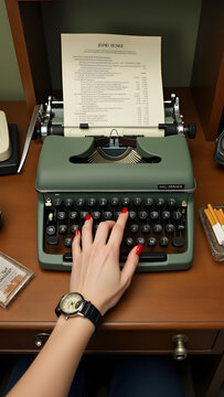 Red-nailed hand types 1099 on 1950s typewriter. Carbon copy smudged. Ashtray with lipstick cigs. "TAX DEDUCTIBLE" stencil. Retro tax tech.