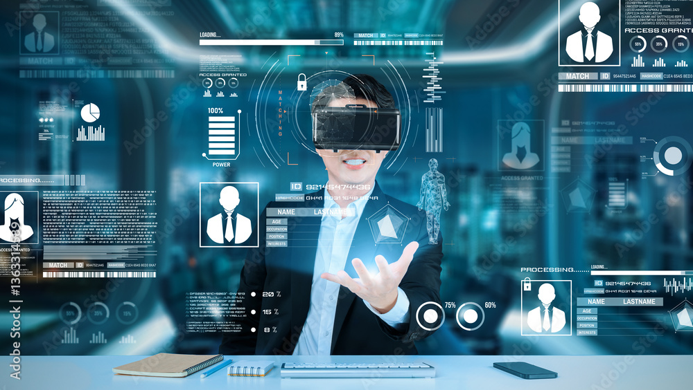 Poster smart business man with goggles working while using security protection. manager with formal suit ch