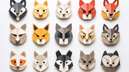 Fototapeta premium Geometric paper craft animal heads in vibrant colors on a white background.
