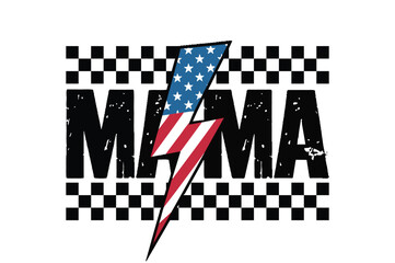 Patriotic Mama Lightning Bolt Design with American Flag and Checkered Pattern