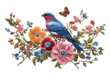a bird and flowers on a white background cutout and isolated on transparent background 