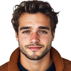 Obraz premium A Man with a Skeptical Smile and Lips Pressed Tightly, Bearded Man in Brown Jacket Isolated on Transparent Background