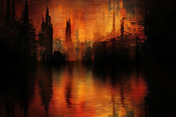 Obraz premium A dystopian city skyline reflected in fiery water, evoking a sense of post-apocalyptic drama and mystery.