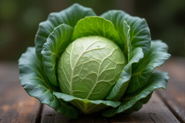 Obraz premium Fresh green cabbage with crispy leaves and dew on a wide wooden farm table with copying space 