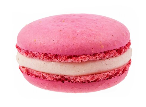 Pink Macaroon isolated on a white background. Pink strawberry macaroon isolated on white background. French cookie. Raspberry purple cake in a front view. 