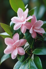 Delicate pink camellia blossoms amid lush green foliage create a serene botanical scene capturing nature's elegance in soft light