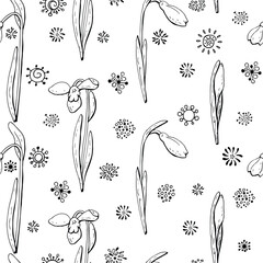 Background black-white with flowers snowdrops. Seamless pattern with floral romantic elements. Endless texture for the spring design season. For fabric, wallpaper, cards, invitations.