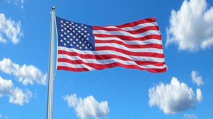 Obraz premium American Flag Waving Proudly Against a Bright Blue Sky with Fluffy White Clouds Patriotic Symbol of Freedom and Independence