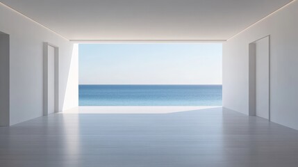 Obraz premium Minimalist Ocean View Interior Design White Room, Sea Horizon, Architectural Composition, Modern Architecture Minimalism, Seascape