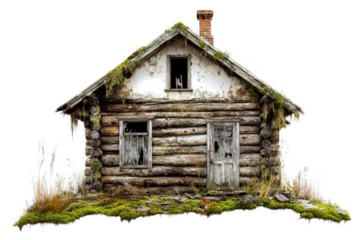 an old log house with moss growing on the roof cutout and isolated on transparent background 