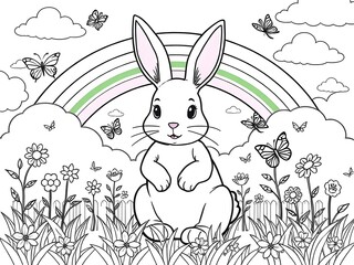Fototapeta premium Adorable Easter Bunny Coloring Page with Rainbow, Butterflies, Flowers, and Clouds. Printable Springtime Fun.