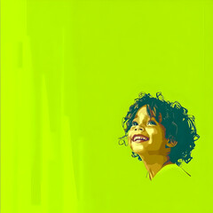 Child with curly hair smiles while looking up against a vibrant green background in a joyful and carefree moment during a sunny day