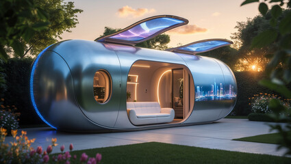 Obraz premium A futuristic silver pod offering a tranquil escape, nestled in a lush garden at sunset, featuring soft lighting and a city skyline display.