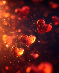 Romantic hearts floating in a dreamlike space with bokeh lights and warm colors for love and celebration