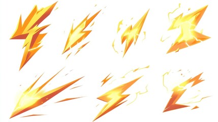 Golden lightning bolts, energy effect, game design, white background, VFX