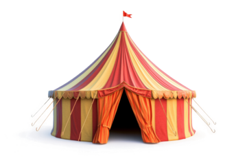 a circus tent with a red and yellow stripe cutout and isolated on transparent background 