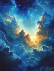 Obraz premium Ethereal cosmic nebula with vibrant blue and gold hues creating a celestial dreamscape fantasy art