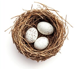 Fototapeta premium Three Speckled Eggs in a Bird Nest Overhead Shot on White